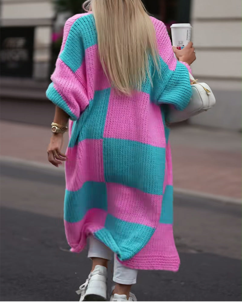 Color-Block Long-Length Sweater Coat