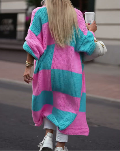 Color-Block Long-Length Sweater Coat