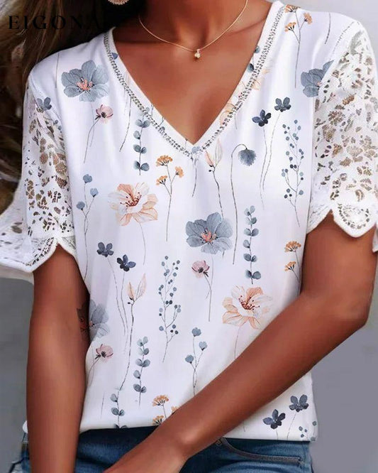 Lace-patched and printed blouse blouse&shirts lace patchwork spring summer