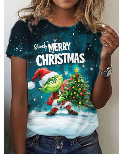 Gradient green fur monster print T-shirt 2024 f/w christmas Grinch spring summer t-shirts