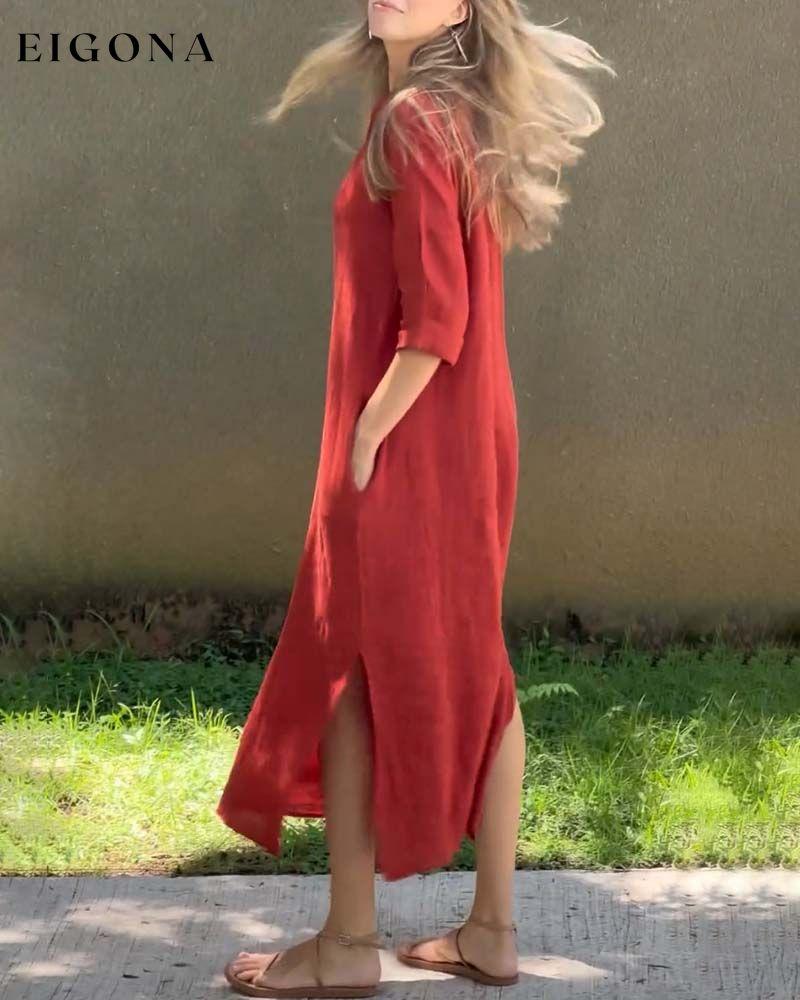 V-neck solid color pocket comfort dress casual dresses cotton and linen spring summer