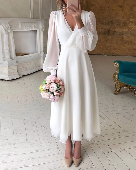 Elegant Puff-Sleeved V-Neck Dress
