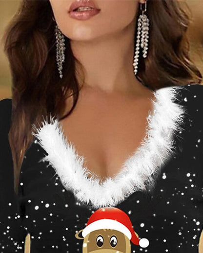 Fur Collar Slim-Fit Printed Top