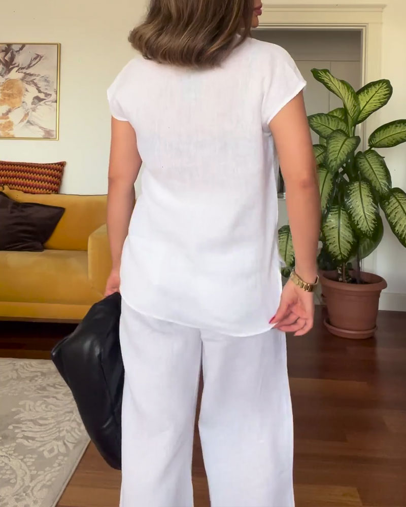 Pantaloni casual da completo in cotone e lino tinta unita