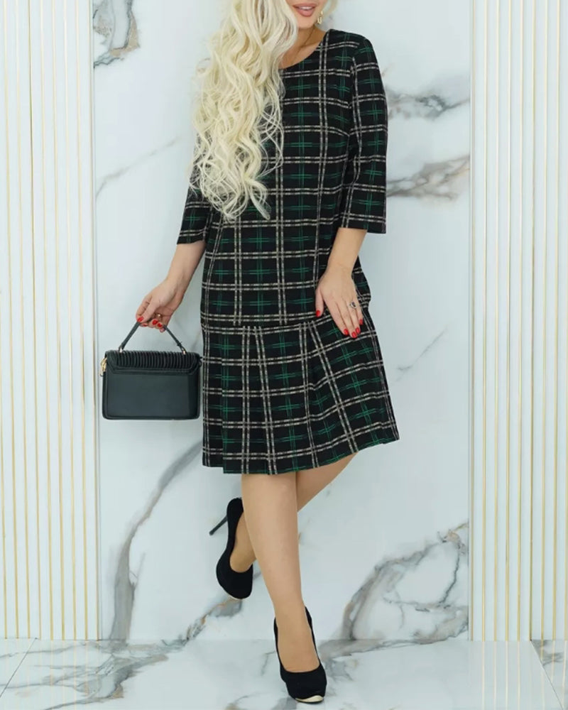 Round neck plaid print button elegant dress 2024 f/w casual dresses