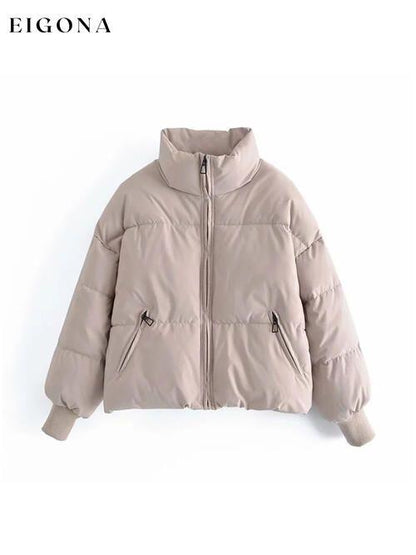 Zip Up Drawstring Winter Coat with Pockets Beige clothes K&BZ Ship From Overseas