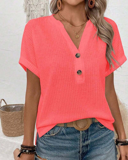 Waffle V-Neck Button T-Shirt