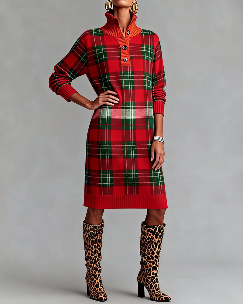 Plaid button-down collar fashion dress