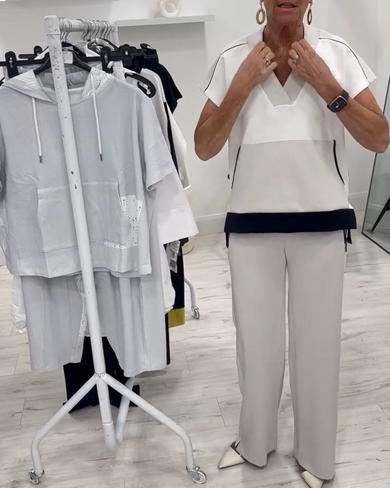 V-Neck Color Matching Slit Casual Suit