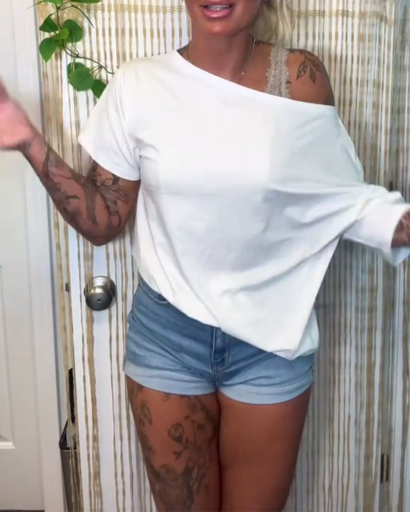 Casual Solid Color One-Shoulder T-Shirt