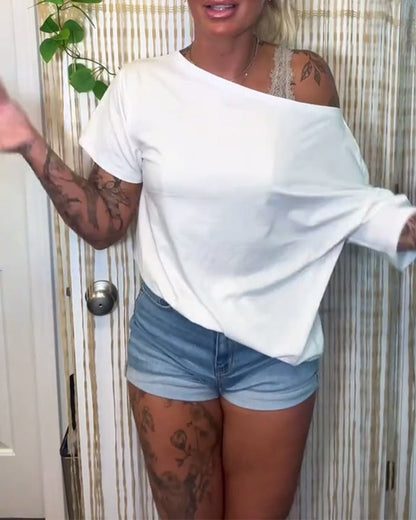 Casual Solid Color One-Shoulder T-Shirt