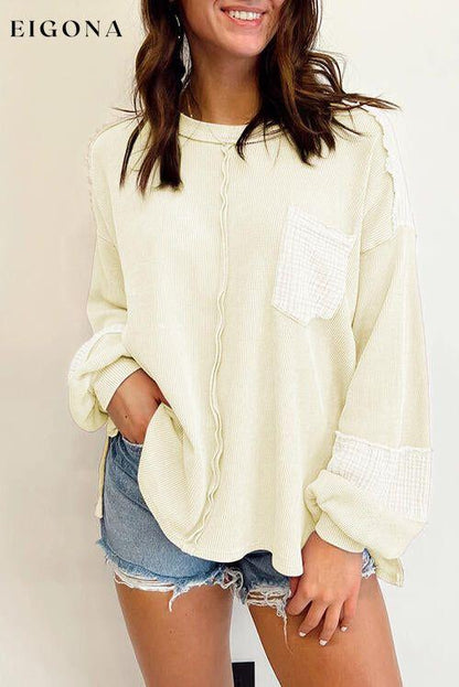 Waffle-Knit Exposed Seam Lantern Sleeve Blouse Ivory clothes Ship From Overseas SYNZ