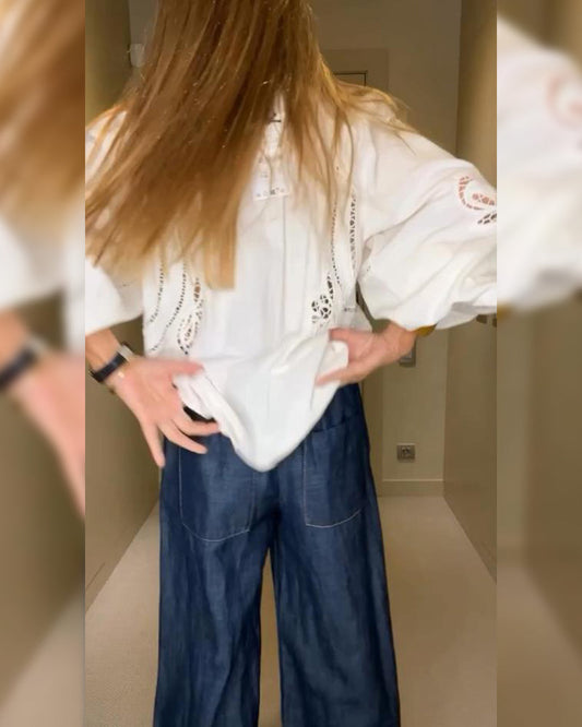 Lantern-Sleeve Tie-Waist Loose Blouse