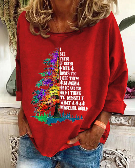 Women'S Retro Hippie Christmas I See Trees Of Green, Red Roses Too I See Them Bloom For Me And You And I Think To Myself What A Wonderful World Print Sweatshirt 2024 f/w christmas hoodies & sweatshirts