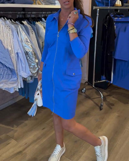 Lapel Solid Color Zipper Long Sleeve Dress