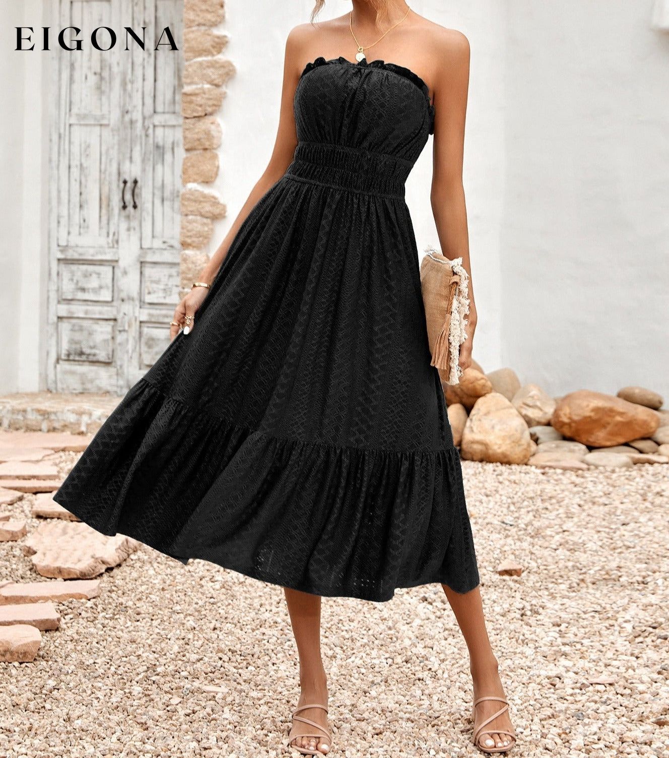 Frill Trim Strapless Midi Dress Black casual dress casual dresses clothes dress dresses midi dress S.N Ship From Overseas