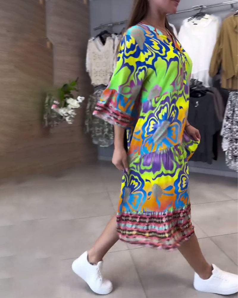 V-Neck Printed Casual Bohemian Dress