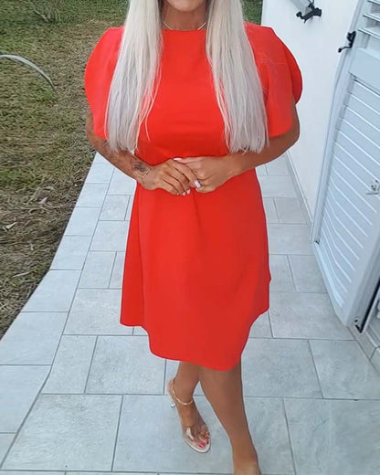 Solid-Color Puff-Sleeve A-Line Dress
