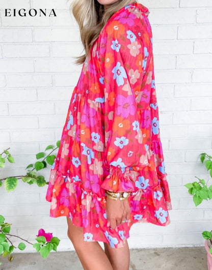 Multicolour Floral Bubble Sleeve Tiered Babydoll Dress All In Stock casual dresses clothes Color Pink dress dresses long sleeve dress long sleeve dresses Occasion Daily Print Floral Season Spring short dresses Silhouette A-Line Style Southern Belle