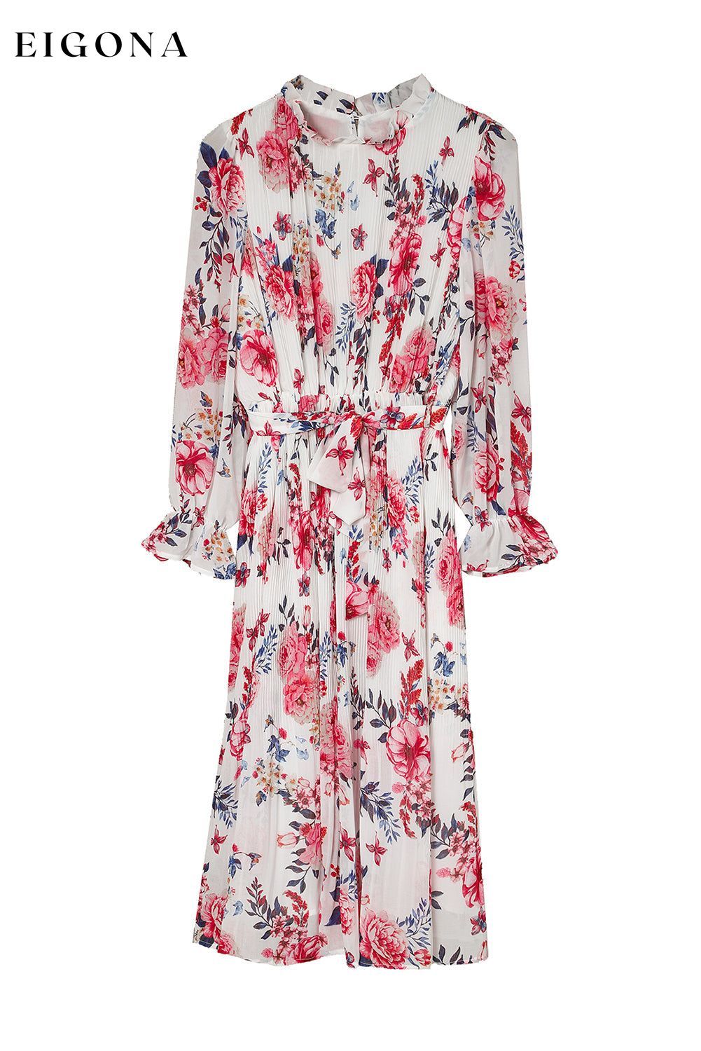 Beige Floral Print Puffy Sleeve Ruffled Midi Dress All In Stock clothes Color Pink DL Chill Out DL Exclusive dress dresses long dress long dresses Occasion Vacation Print Floral Season Spring Sleeve Puff sleeve Style Bohemian