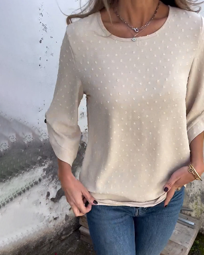 Long-Sleeved Round Neck Solid Color Blouse