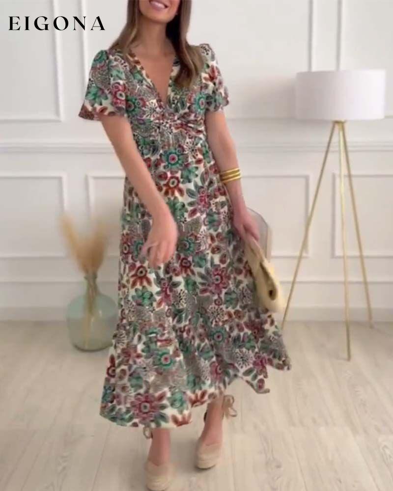 Elegant V-neck printed slit dress Casual Dresses spring summer