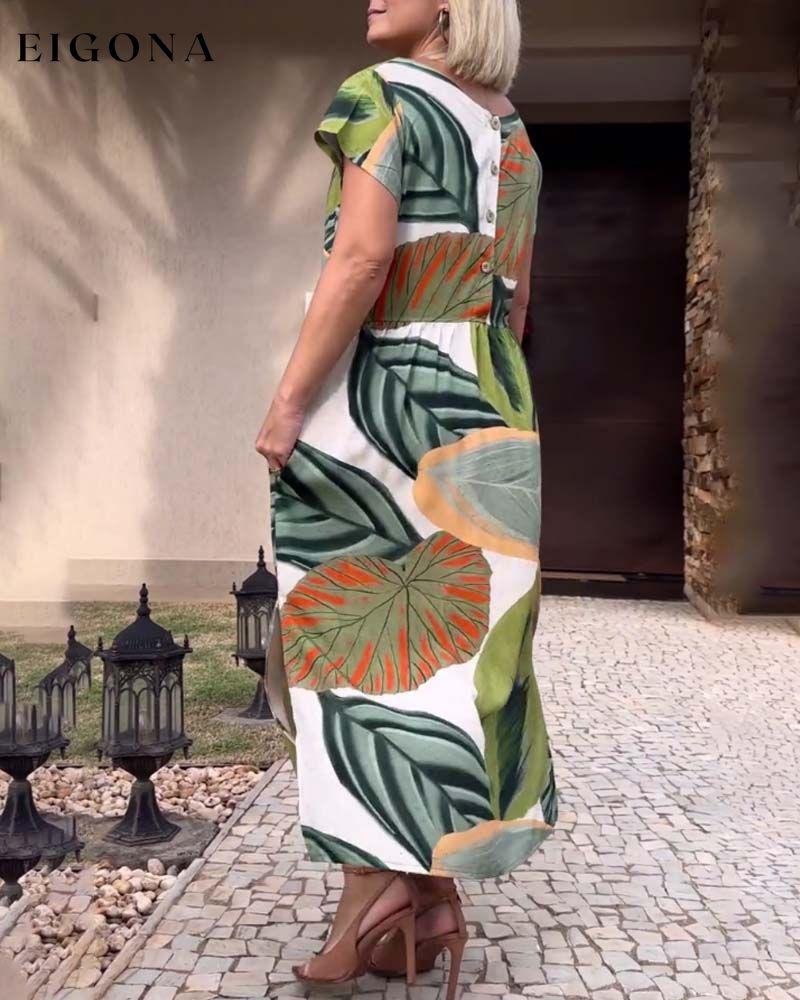 Leaf print short sleeve slit dress casual dresses summer