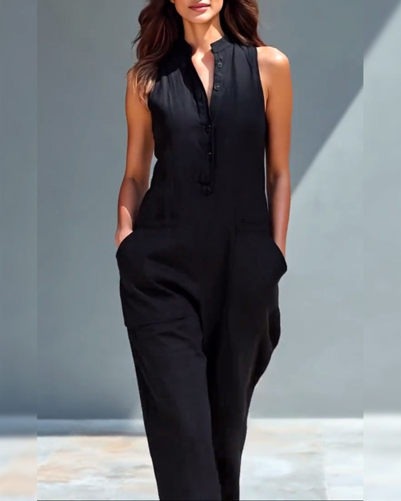 Sleeveless Stand-Up Collar Wide-Leg Jumpsuit