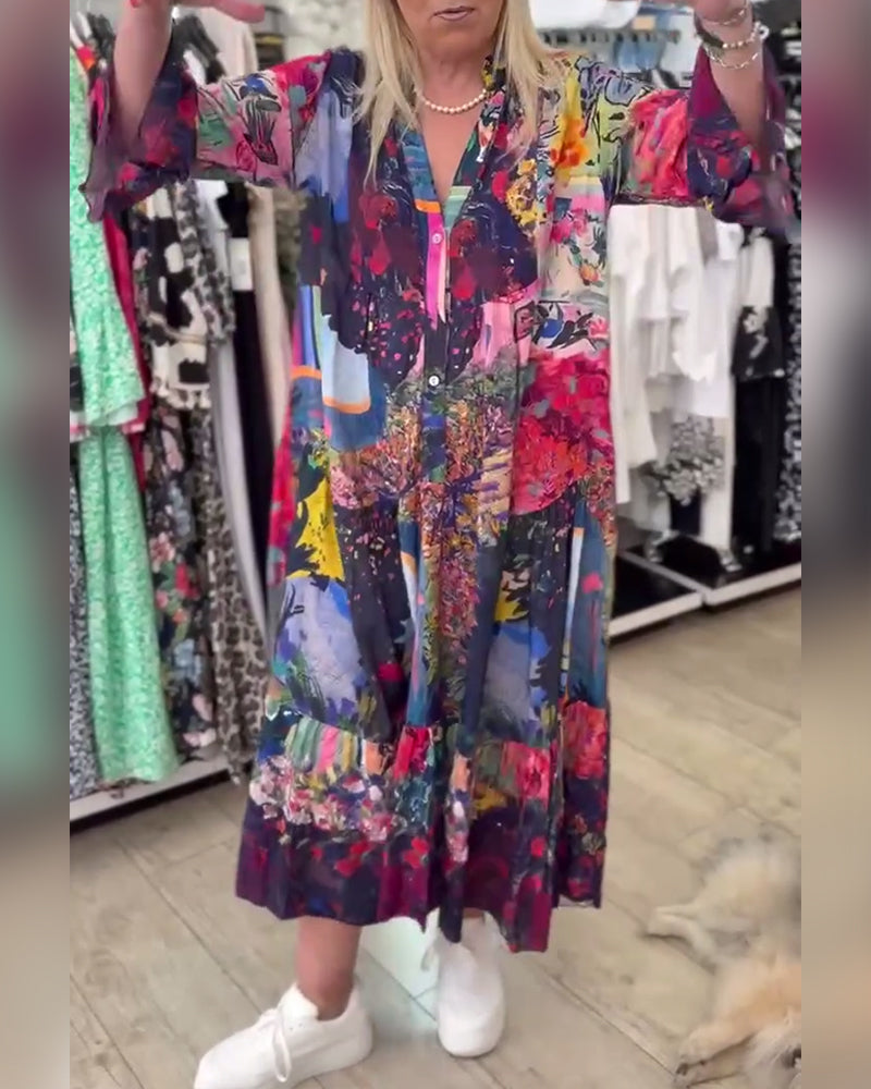 Abito a trapezio con stampa ampia e maniche a tromba