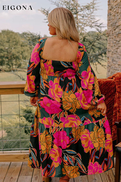 Multicolour Floral Print Square Neck High Waist Plus Size Dress casual dresses clothes Color Multicolor Color Orange Color Pink dress dresses long sleeve dress long sleeve dresses maxi dress midi dress midi dresses Occasion Daily Print Floral Season Spring Style Southern Belle