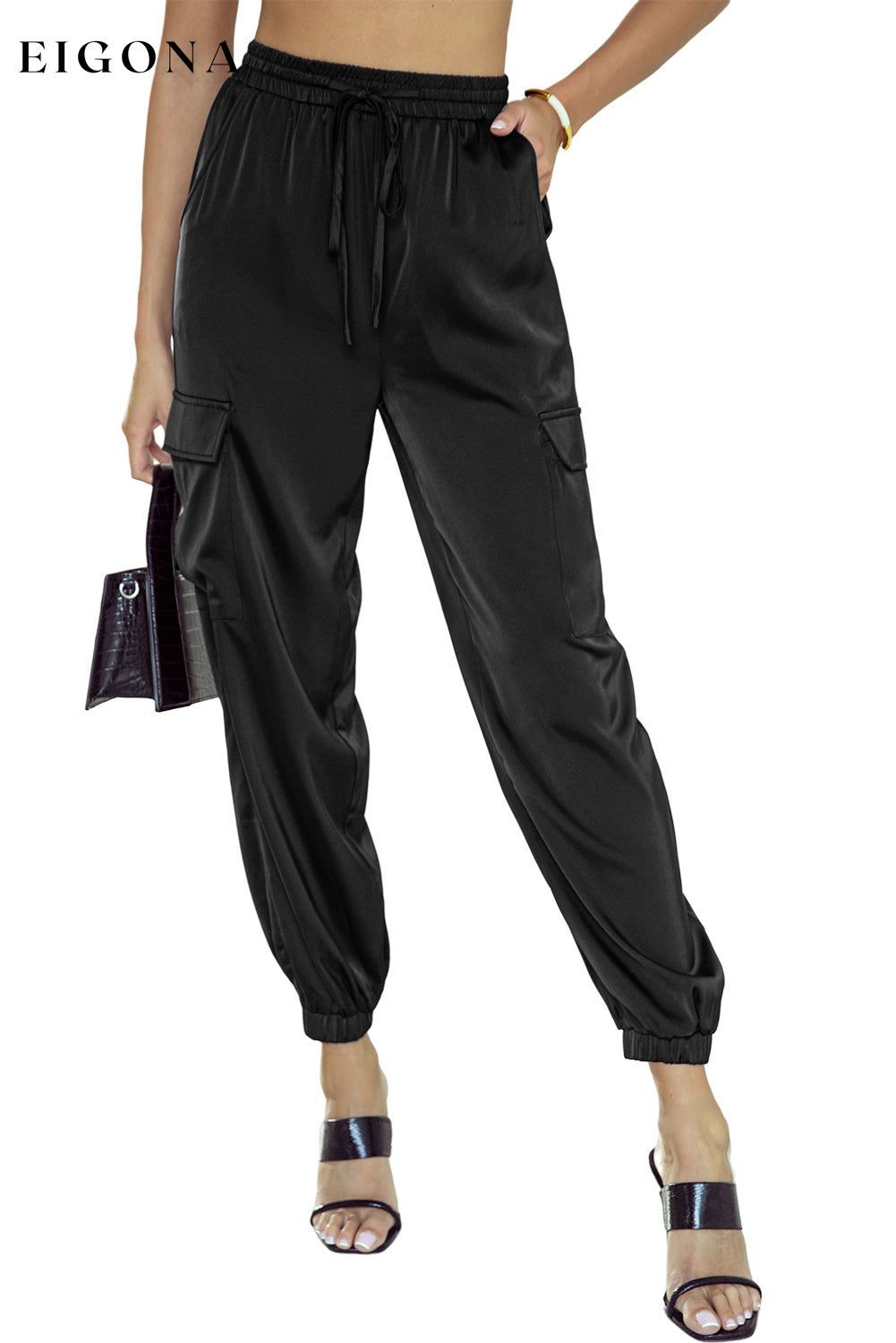 Black Satin Pocketed Drawstring Elastic Waist Pants All In Stock bottoms clothes DL Exclusive Early Fall Collection Fabric Satin Occasion Daily pants Print Solid Color Season Fall & Autumn Style Modern