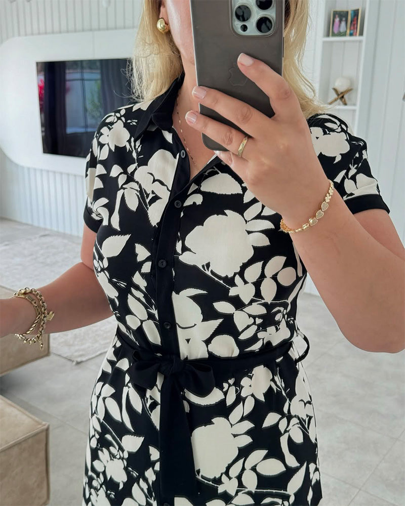 Shirt-Style Short-Sleeved Printed Dress