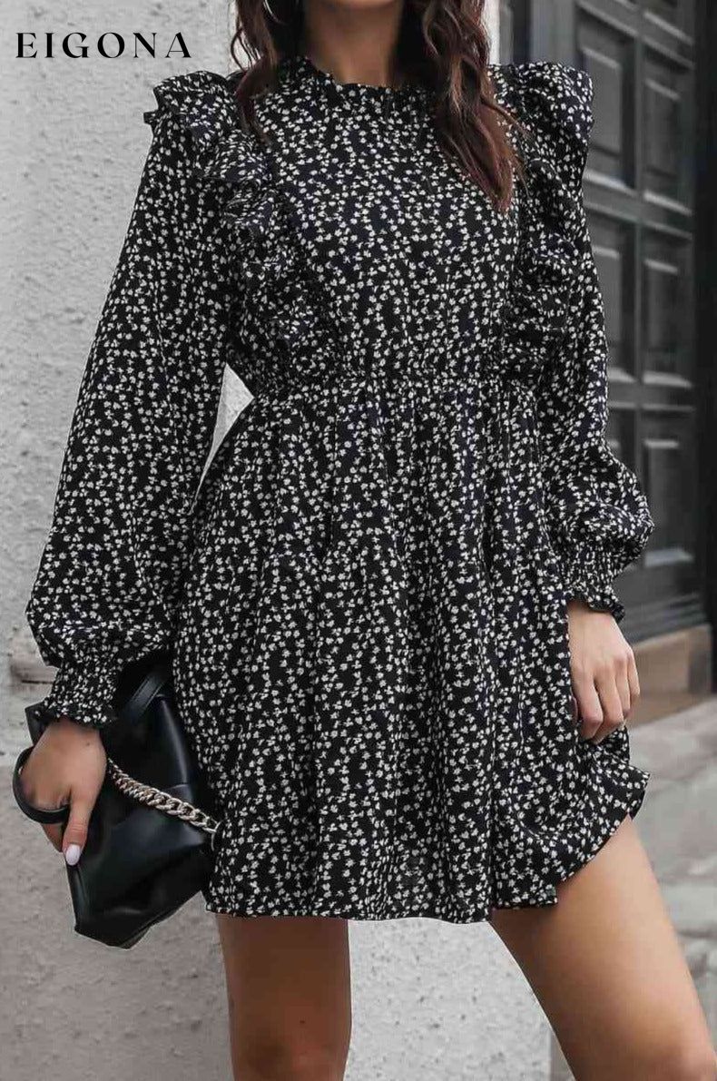 Printed Ruffle Trim Smocked Casual Long Sleeve Mini Dress B&S casual dress casual dresses clothes dress dresses long sleeve dress long sleeve dresses long sleve dresses Ship From Overseas short dresses