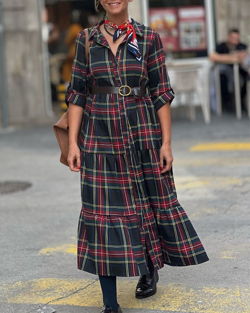 Lapel button plaid shirt dress 2024 f/w casual dresses