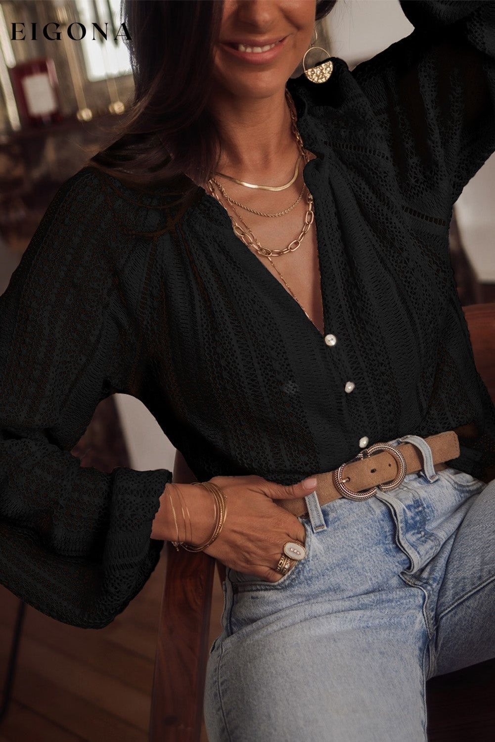Black V-Neck Long Sleeve Button Up Lace Shirt All In Stock Best Sellers clothes Early Fall Collection EDM Monthly Recomend Fabric Lace long sleeve shirt long sleeve shirts long sleeve top long sleeve tops Occasion Daily Print Solid Color Season Spring shirt shirts Style Elegant top tops