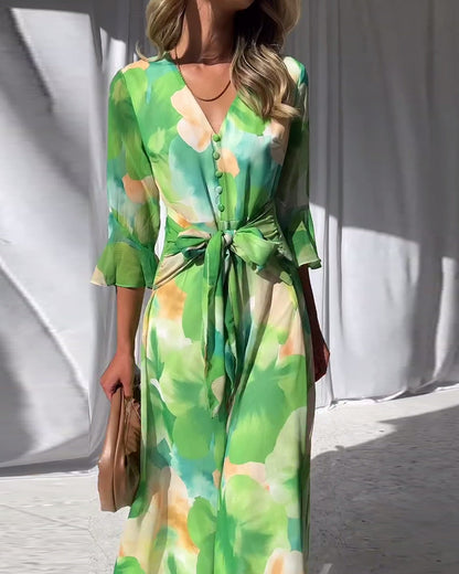 Elegant printed dress with bell sleeves and button slit casual dresses spring summer vacation dresses