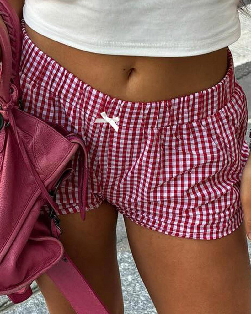Plaid Elastic Casual Shorts
