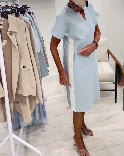 Short-Sleeved Contrast Color Straight Dress