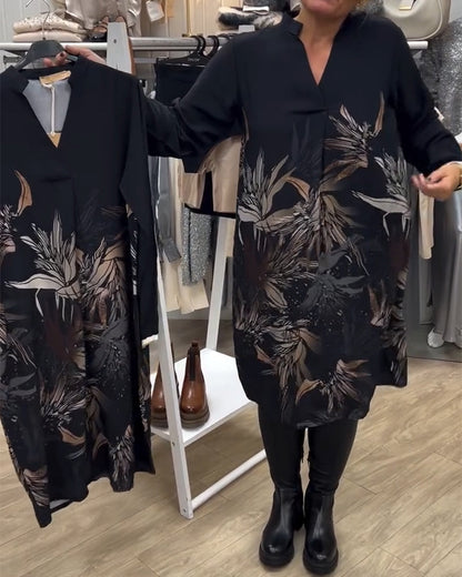 V-Neck Leaf Print Long-Sleeved Dress