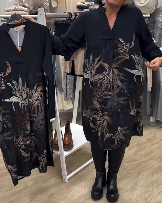 V-Neck Leaf Print Long-Sleeved Dress