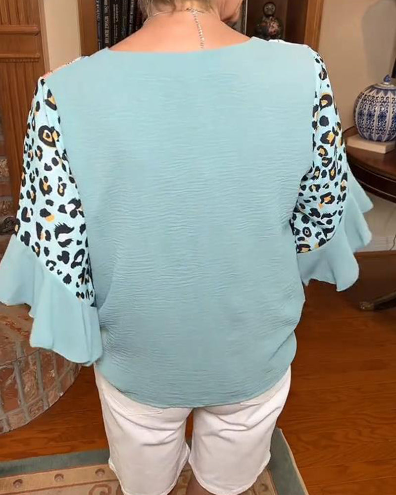 Leopard Print Ruffle Sleeve Blouse