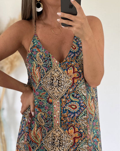 V-Neck Suspender Print Dress