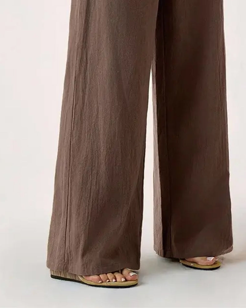 Elastic Waist Pocket Casual Wide Leg Pants