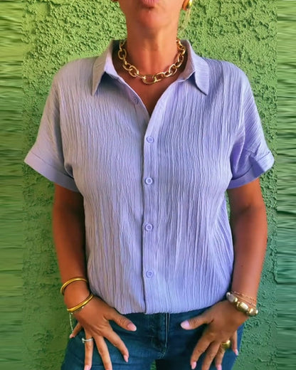 Lapel Pleated Solid Color Short Sleeve Shirt