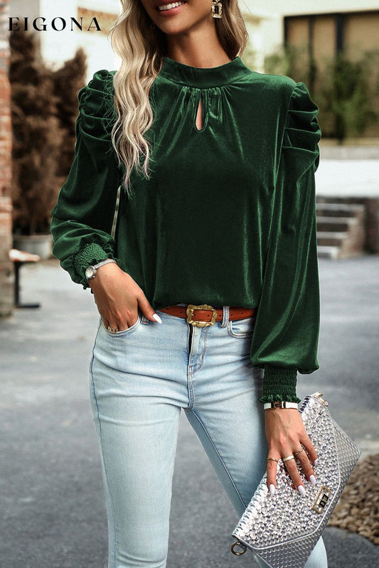 Blackish Green Mock Neck Puff Sleeve Velvet Blouse Blackish Green 95%Polyester+5%Elastane clothes EDM Monthly Recomend long sleeve shirt long sleeve shirts long sleeve top long sleeve tops shirt shirts top tops