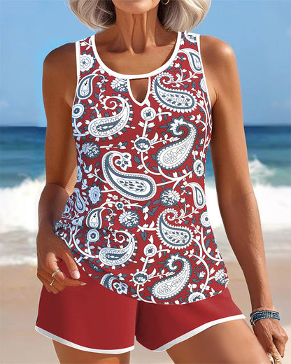 Ärmelloser Boyshort-Tankini mit Cut-Outs und Print