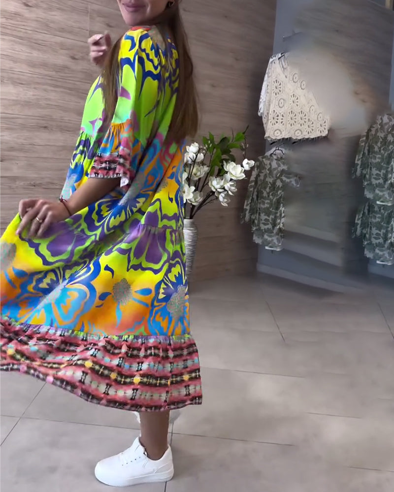 V-Neck Printed Casual Bohemian Dress