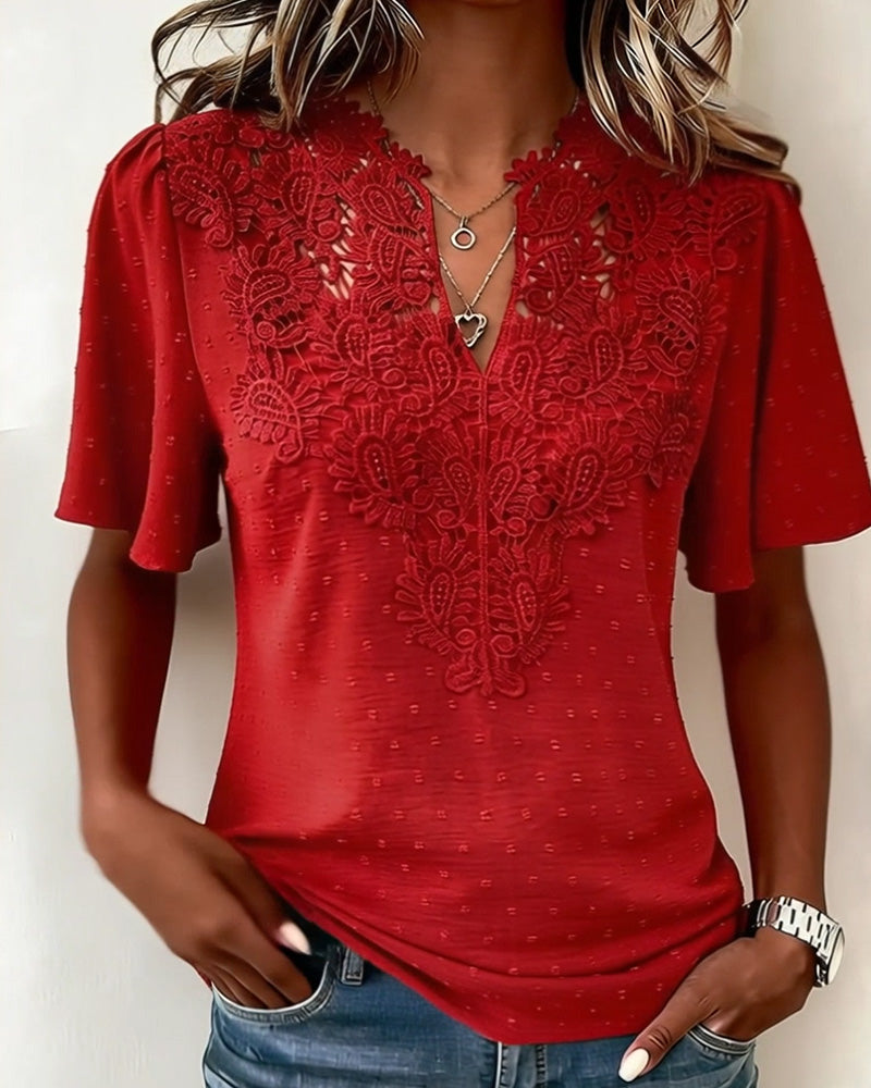 Lace V-Neck Short Sleeve Blouse