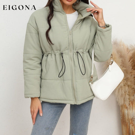 Drawstring Waist Zip-Up Fahsion Puffer Jacket Light Green CATHSNNA clothes Jackets & Coats Ship From Overseas Shipping Delay 09/29/2023 - 10/03/2023