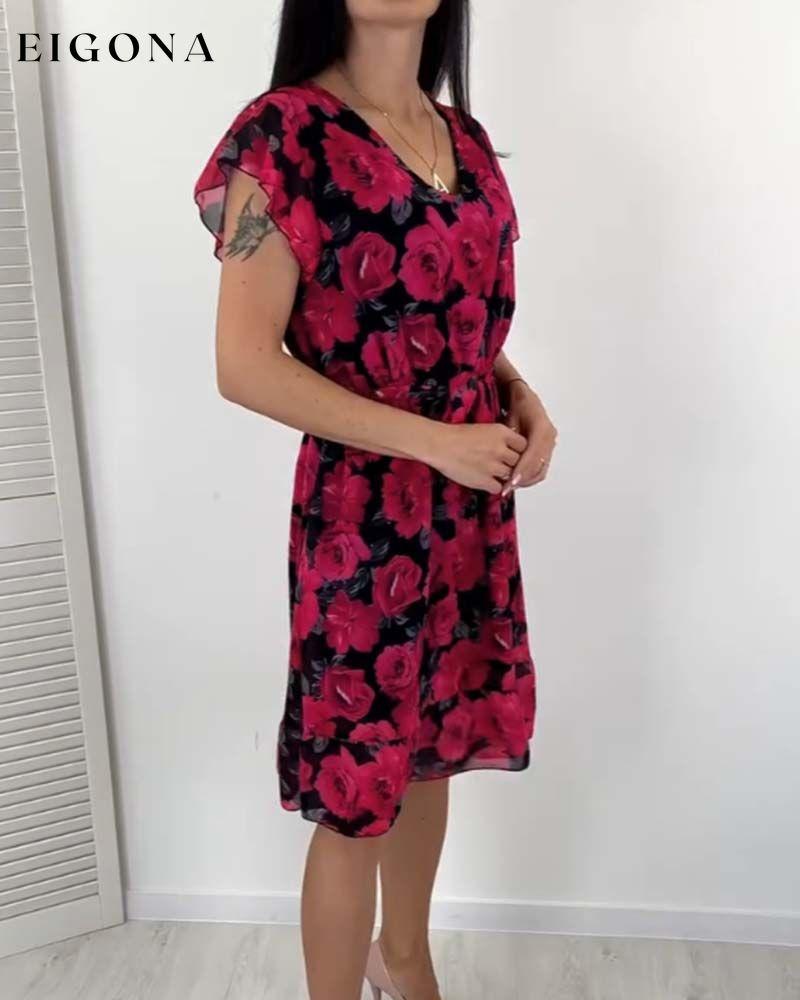 Short-sleeved rose print dress casual dress elegant dress spring summer